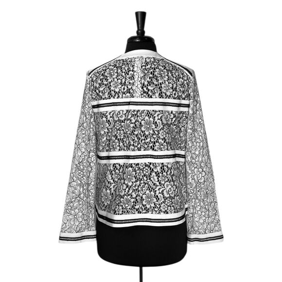 Chico’s Women’s Jacket 1 M/8 Black White Floral Lace Sheer Open Front Cardigan - Picture 2 of 9